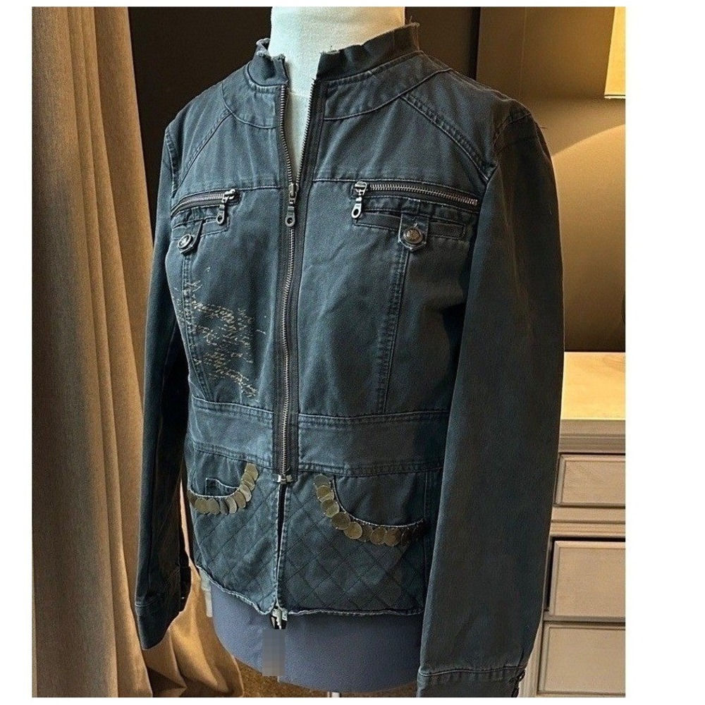 VILA Issue Jacket A Black Cotton Utility Military Coin Graphic LG Edgy Artsy EUC